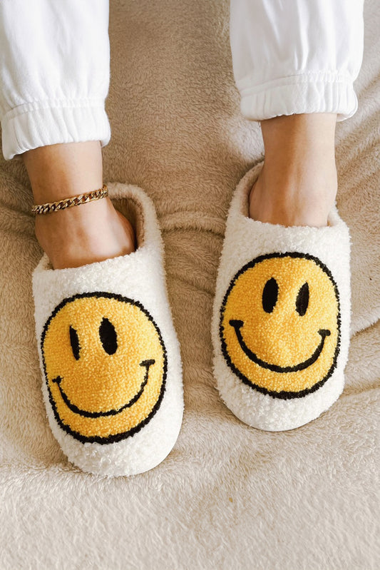 Smile Face White Print Non-slip Plush Home Slippers