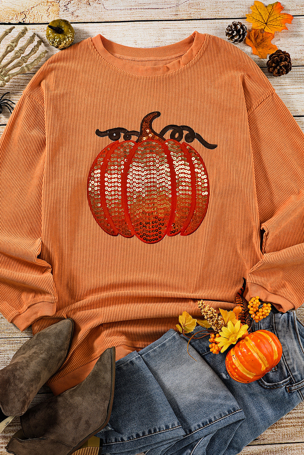 Apricot Crinkle Ribbed Halloween Sequin Pumpkin Graphic Sweatshirt