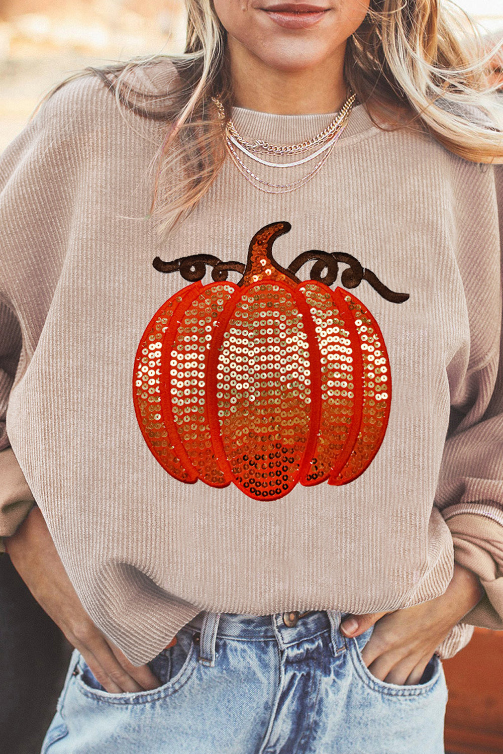 Apricot Crinkle Ribbed Halloween Sequin Pumpkin Graphic Sweatshirt