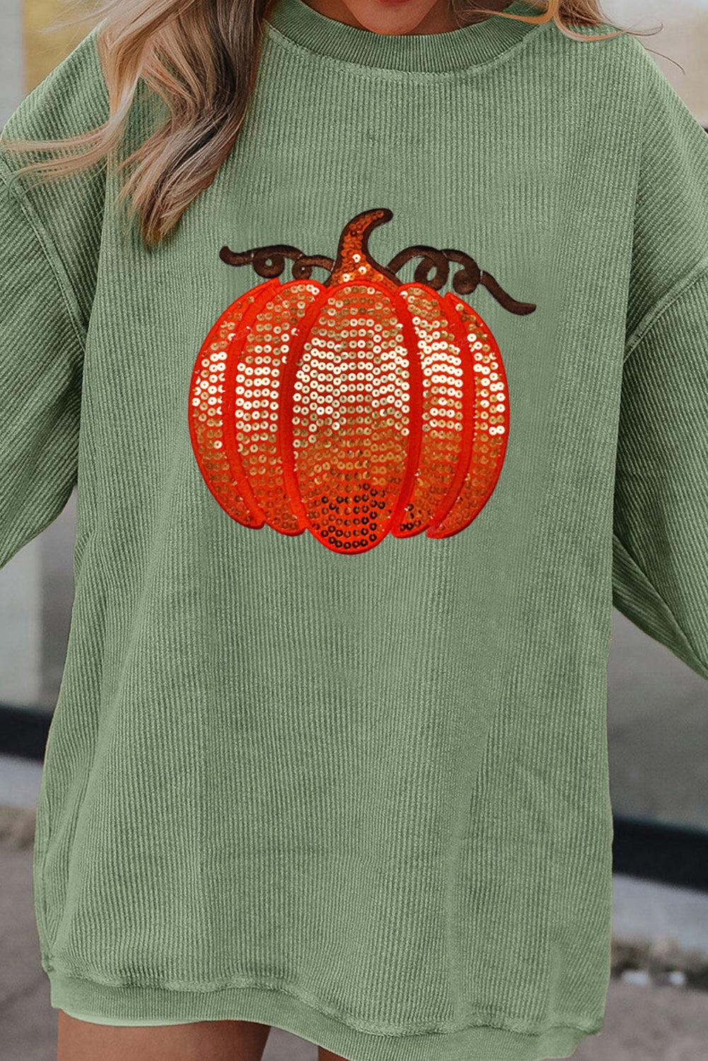 Apricot Crinkle Ribbed Halloween Sequin Pumpkin Graphic Sweatshirt