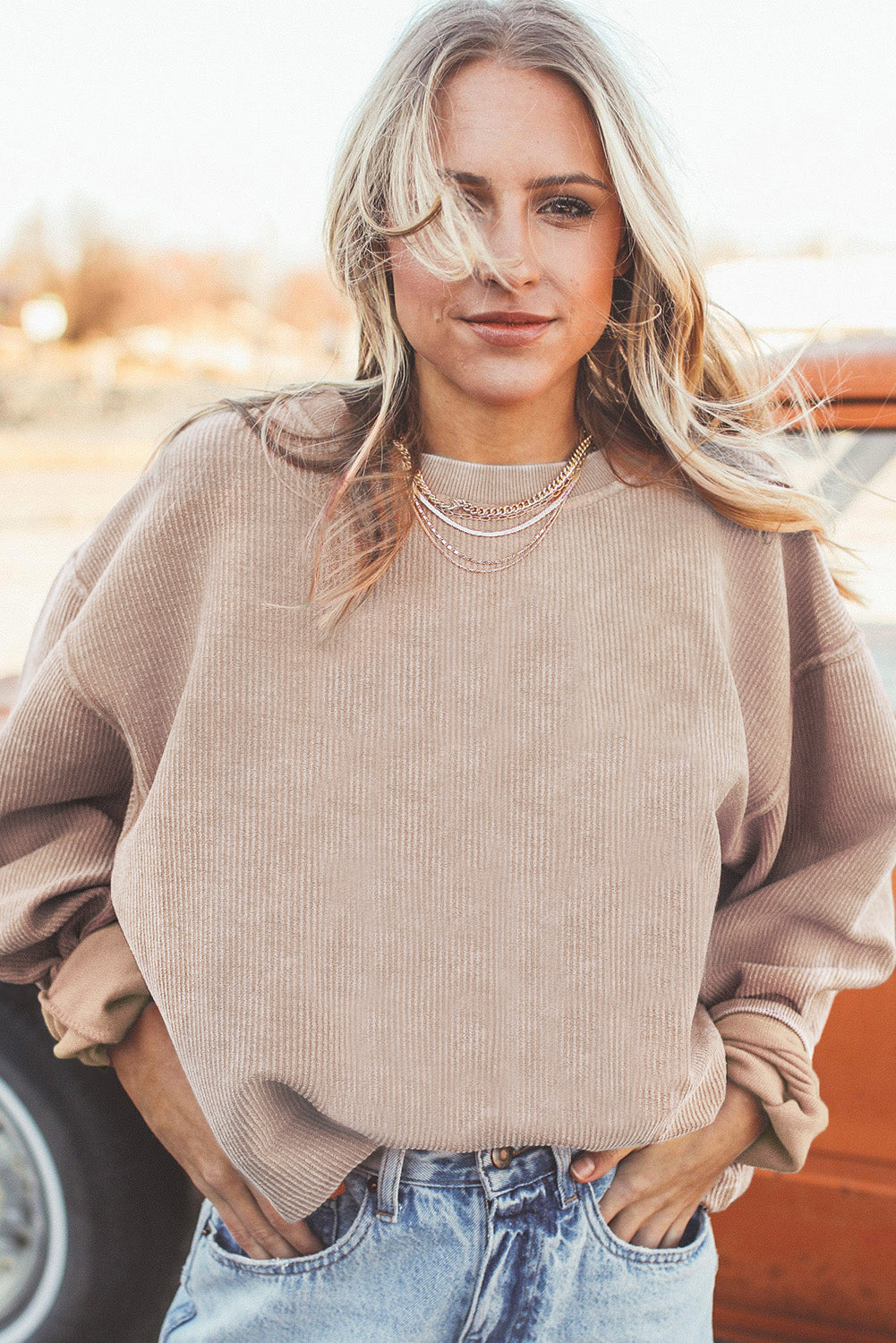 Apricot Ribbed Corduroy Oversized Sweatshirt-Great for Fall Outings