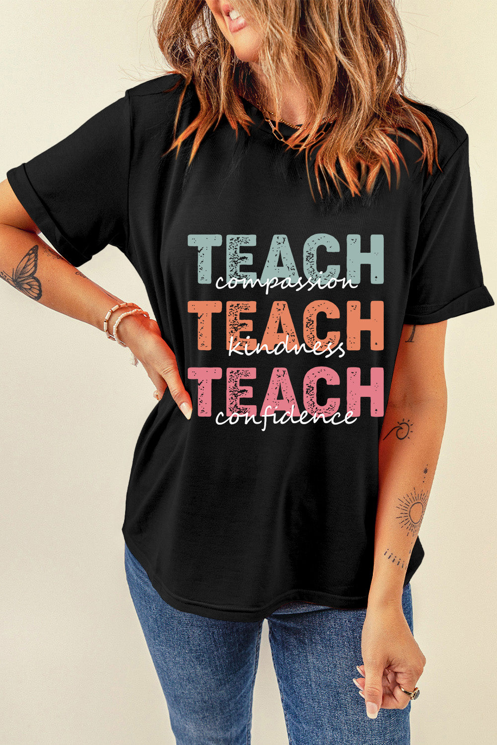 Black TEACH Casual Graphic T Shirt