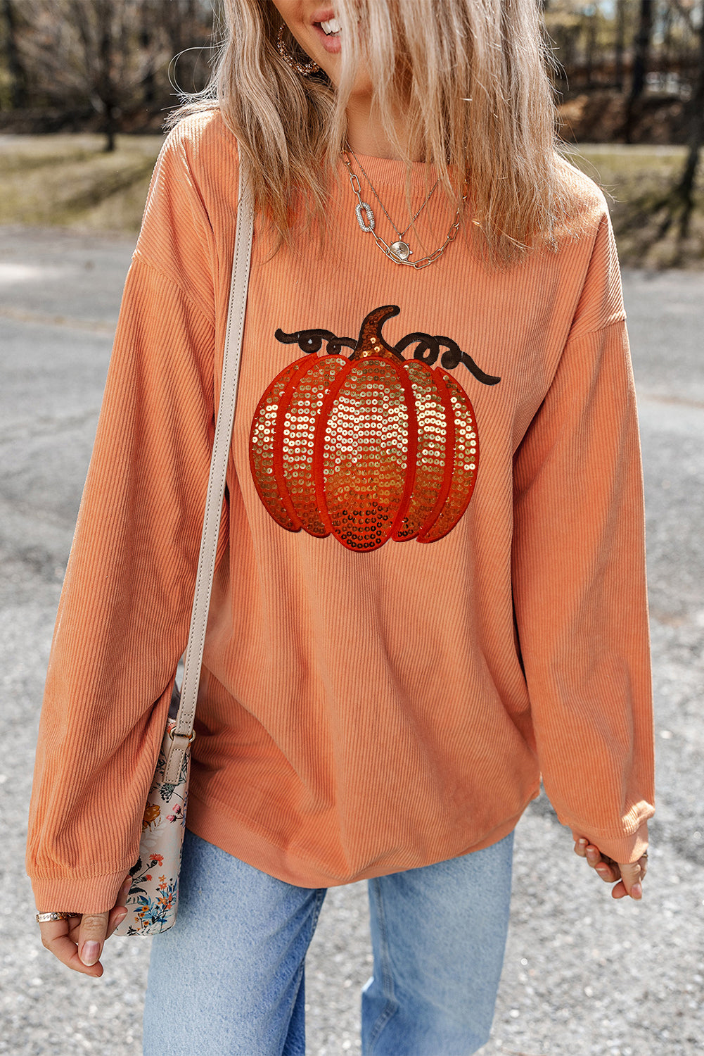 Apricot Crinkle Ribbed Halloween Sequin Pumpkin Graphic Sweatshirt