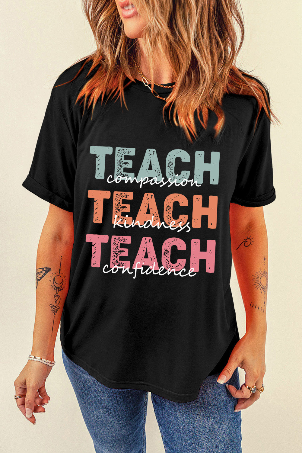 Black TEACH Casual Graphic T Shirt