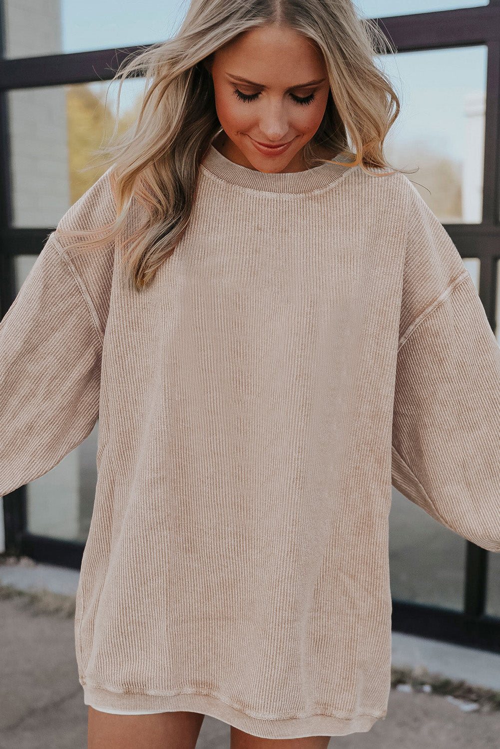 Apricot Ribbed Corduroy Oversized Sweatshirt-Great for Fall Outings