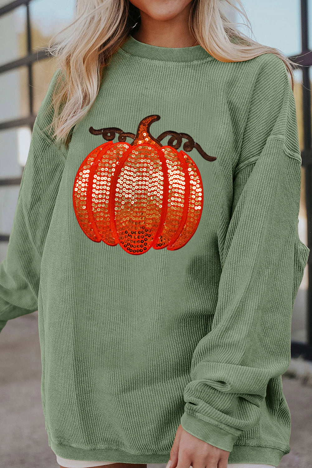 Apricot Crinkle Ribbed Halloween Sequin Pumpkin Graphic Sweatshirt