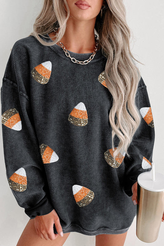 Black Candy Corn Sequin Print Corded Crewneck Graphic Sweatshirt