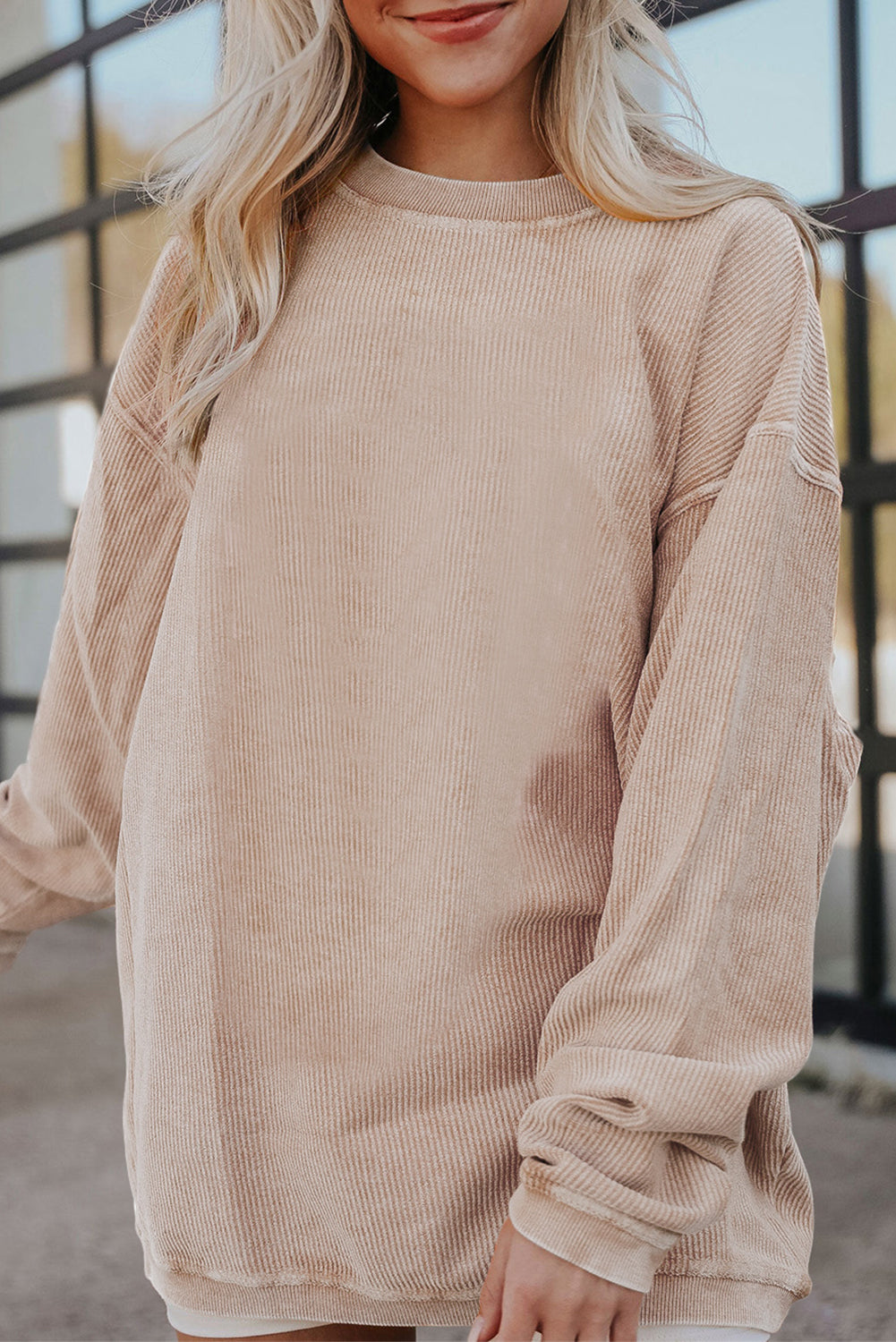 Apricot Ribbed Corduroy Oversized Sweatshirt-Great for Fall Outings