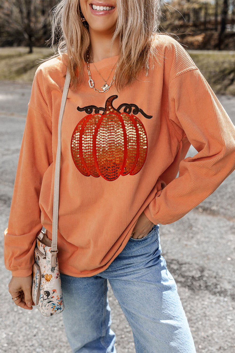 Apricot Crinkle Ribbed Halloween Sequin Pumpkin Graphic Sweatshirt