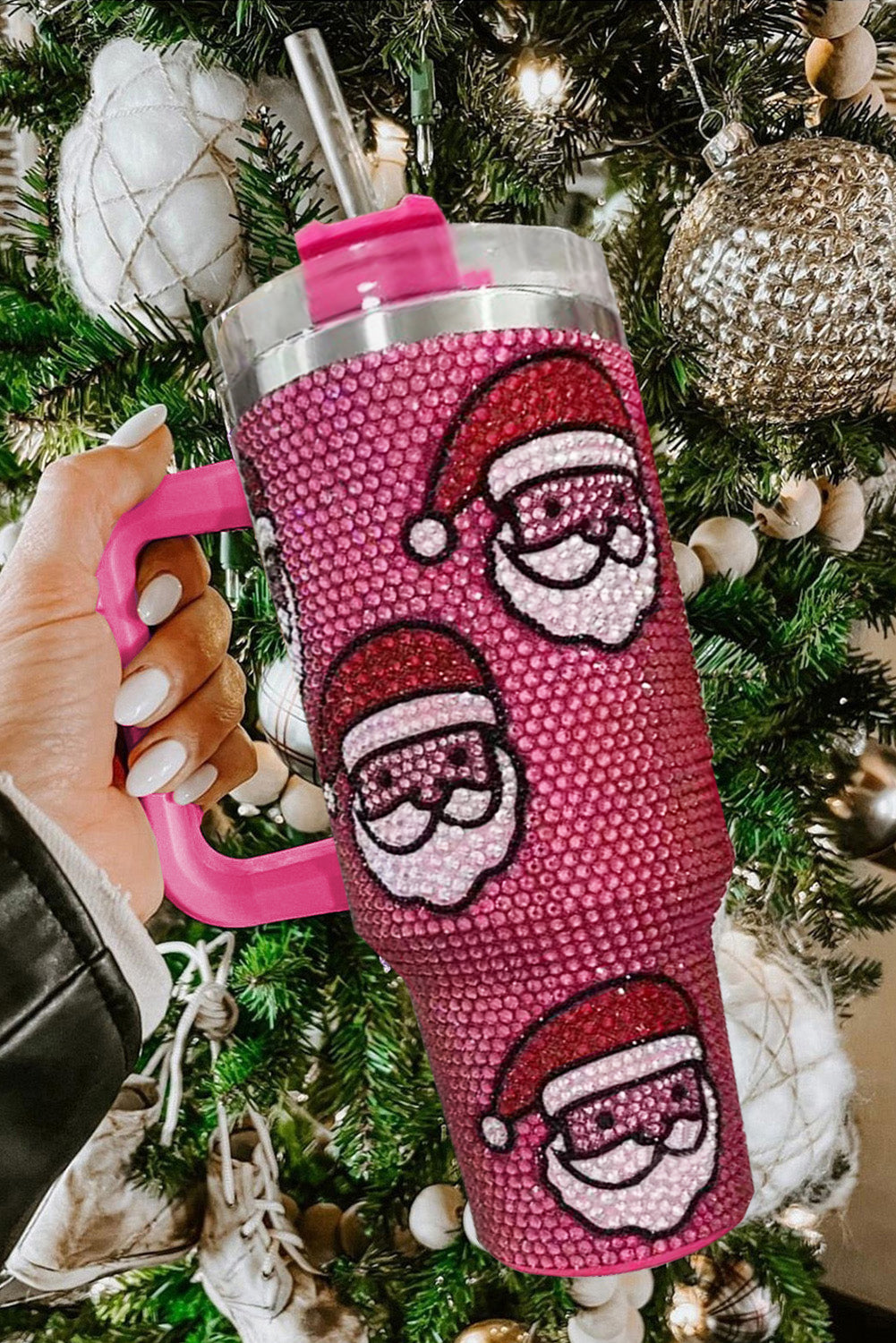 Red Christmas Santa Claus Diamond Thermos Cup with Straw 40oz